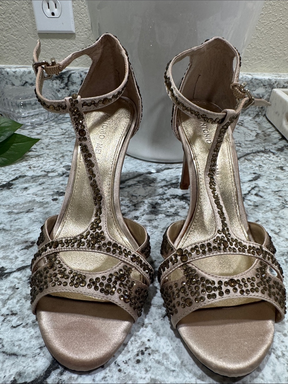 ANTONIO MELANI Champagne Sequin T-Strap High Heels